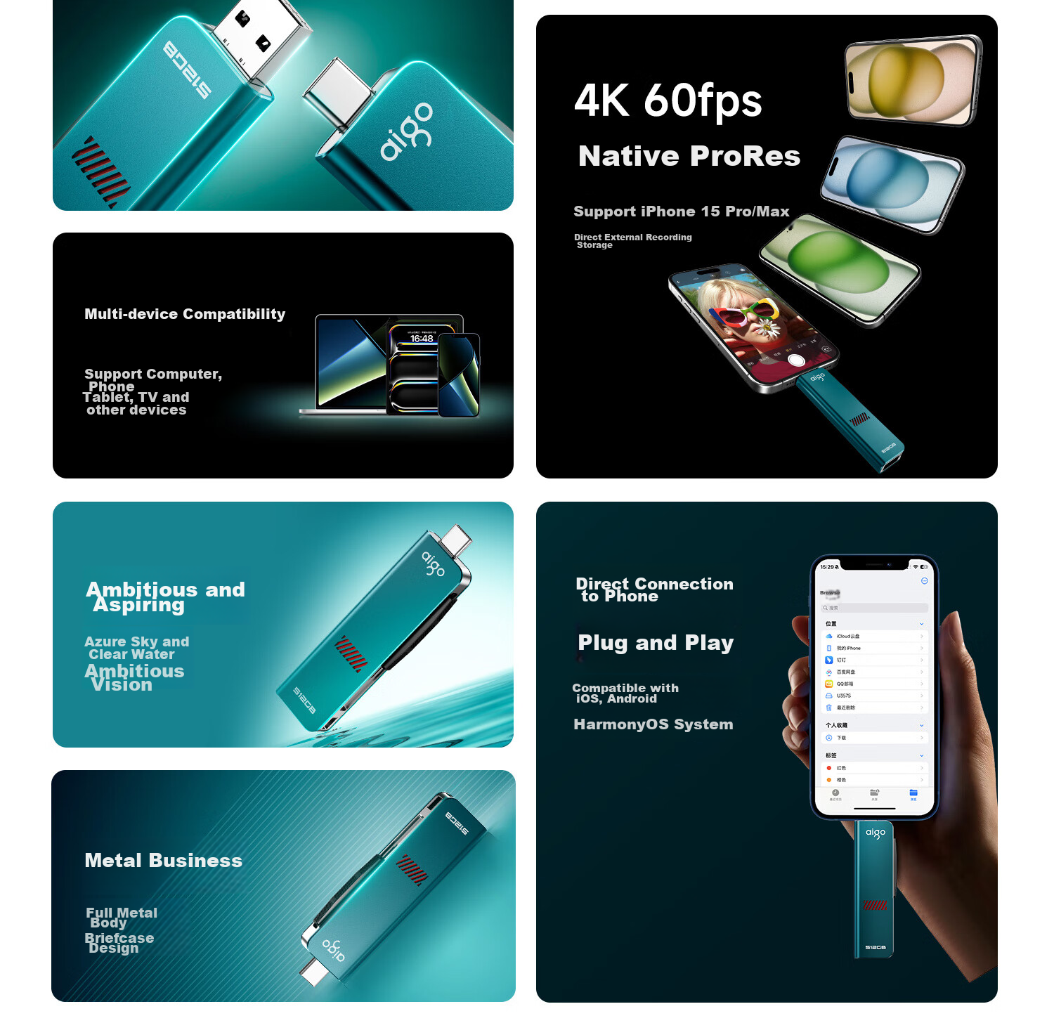 USB-флеш-накопитель Aigo U357S 256 ГБ, USB 3.2 Type-C, скорость чтения 1000 МБ/с, для телефонов, компьютеров, планшетов, универсальный, с выдвижным дизайном