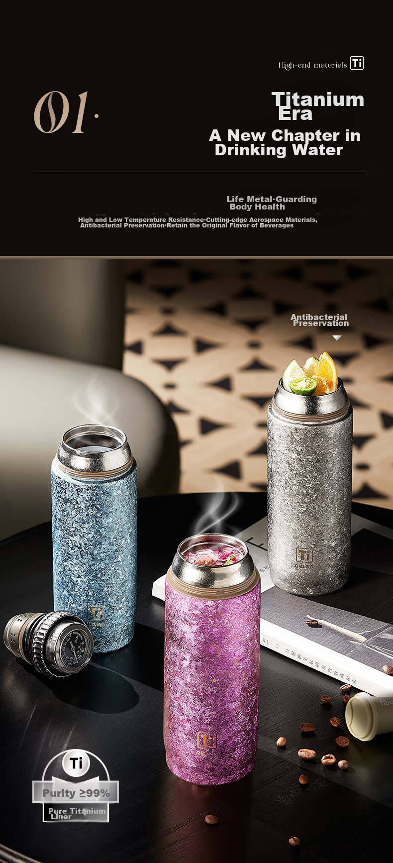 Термокружка RELEA из чистого титана, 420 мл, с механическим дисплеем температуры, для офиса, чая, путешествий, кемпинга, подарок