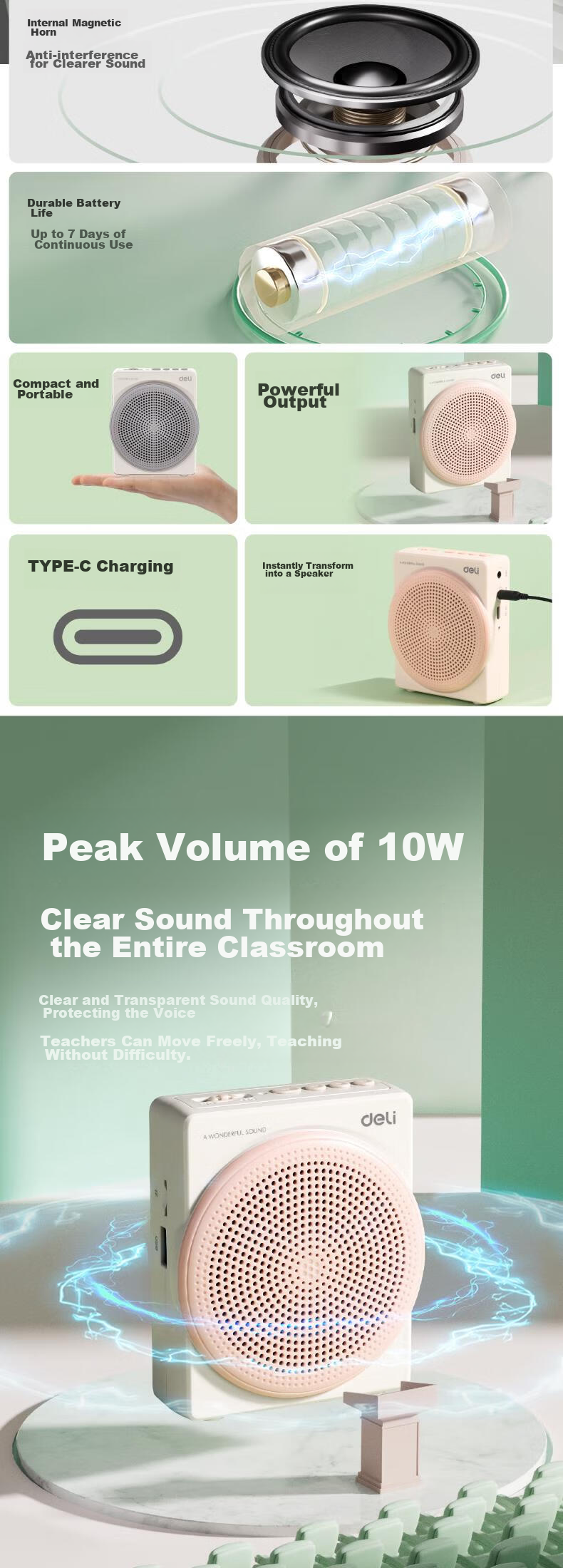 Портативная акустика Deli 10W, Bluetooth, кардиоидный микрофон, для учителей, экскурсоводов, розовый
