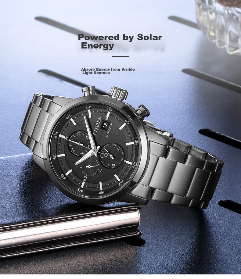 Мужские часы CITIZEN CA0615-59E, кварцевые, Eco-Drive, стальной корпус и браслет, черный циферблат, водонепроницаемые 100м