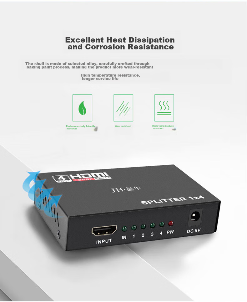 HDMI сплиттер Jinghua F211, 1 вход 4 выхода, 4K HD, для ТВ-приставки, компьютера, ноутбука, подключения к телевизору, проектору, монитору, черный