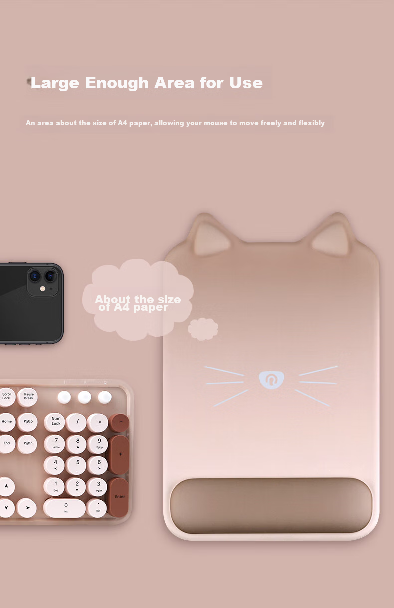 Коврик для мыши Rantopad TOTO Cat Ear, силиконовый, с поддержкой запястья, большой размер - Молочный чай