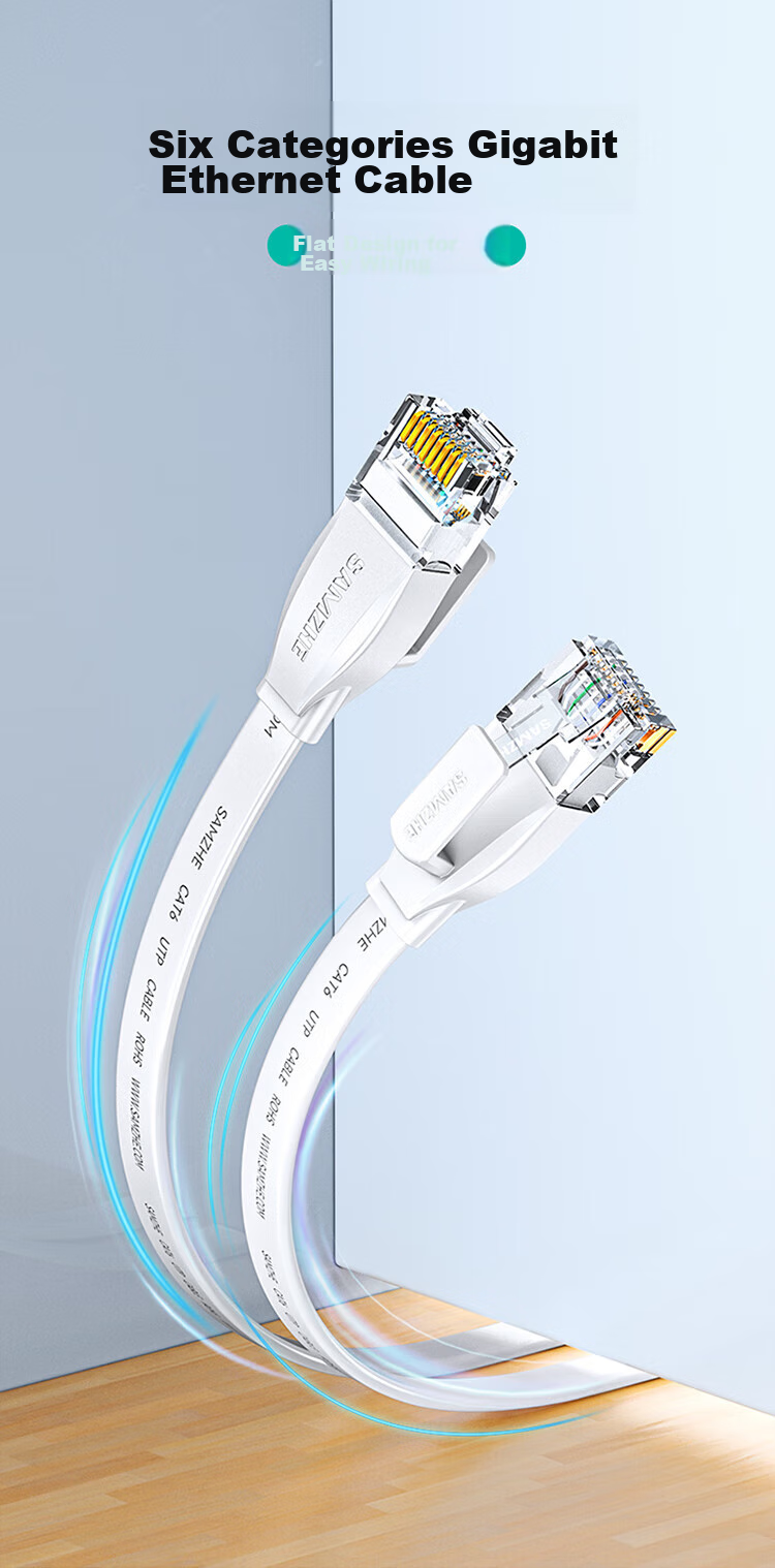 Сетевой кабель SAMZHE Cat6 Gigabit, плоский, из чистой меди, для подключения к интернету, видеонаблюдения, белый, 20 метров BBP620