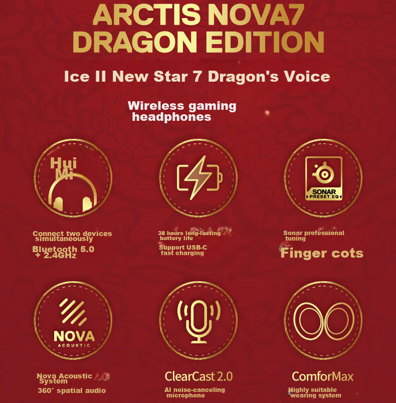 Беспроводная игровая гарнитура SteelSeries Hanbing Nova7 Dragon Voice Upgraded Red Limited Edition с микрофоном, Bluetooth, для ПК и ноутбуков, шумоподавление