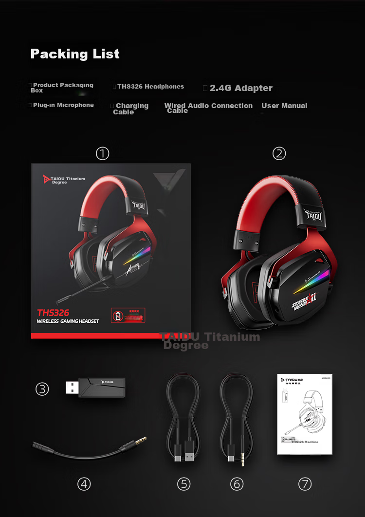 Игровая гарнитура Taidu THS326, беспроводная Bluetooth, 7.1 объемный звук, проводная/беспроводная, черный с красным