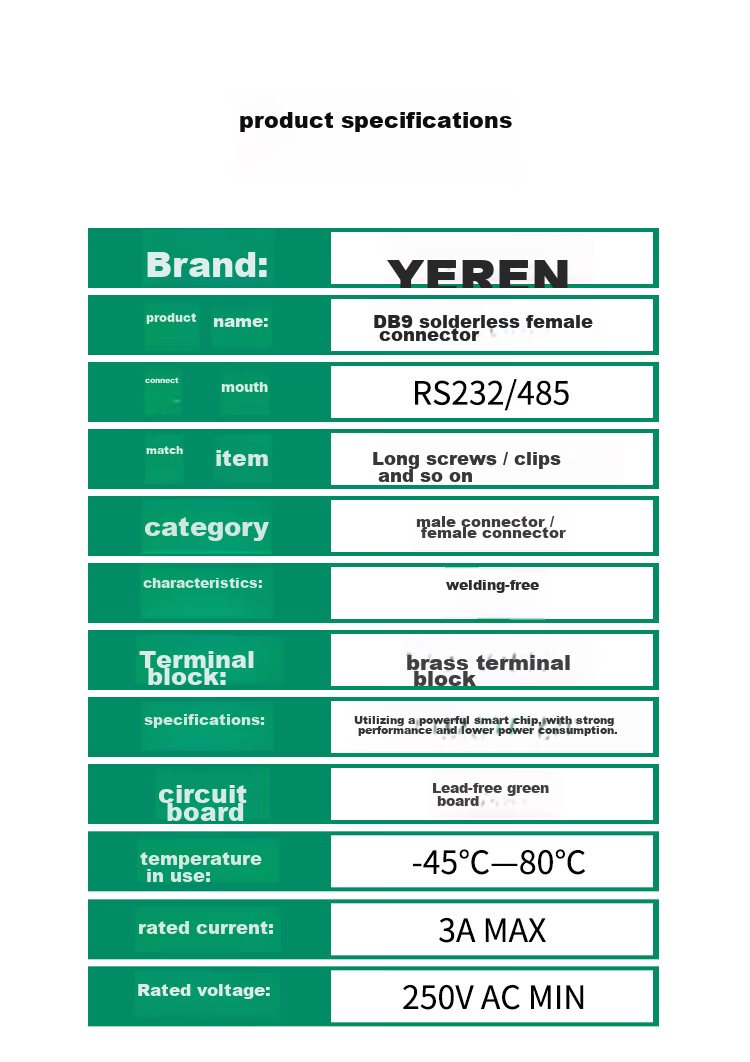 Переходник Yeren DB9, разъем RS232/485/422, COM-порт 9-контактный, без пайки, мама, 1 шт.