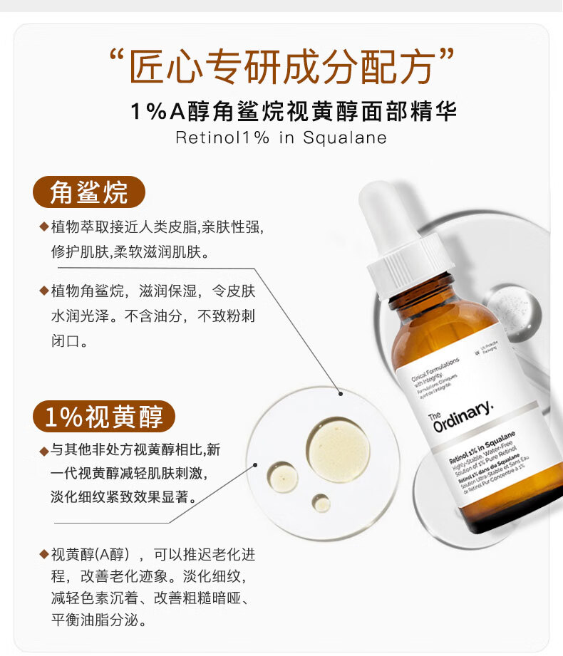 THE ORDINARY1%A醇角鲨烷视黄醇面部精华液滋润养肤抗皱改善保湿30ml纯净护肤 
