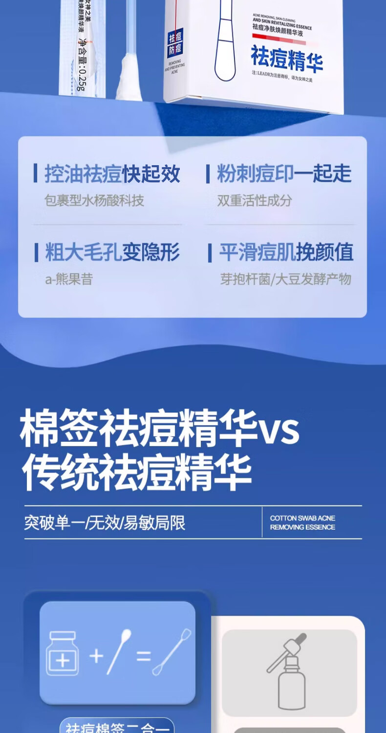 女神之美 LEADR祛痘精华液次抛棉签点涂棒去痘痘和痘痘印修护痘坑黑头青春痘10支