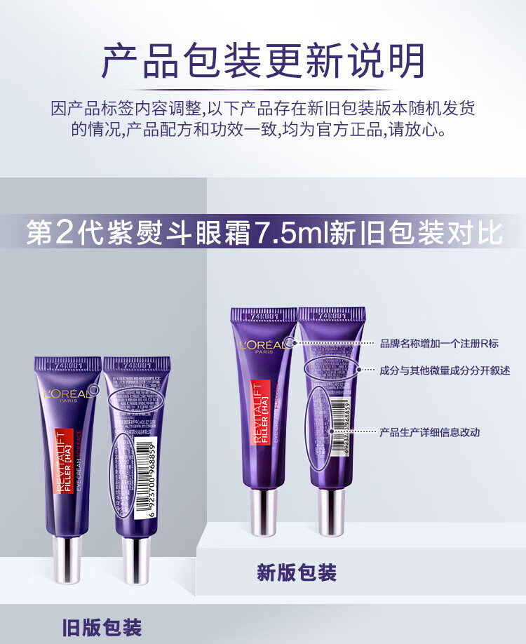 欧莱雅紫熨斗眼霜2.0 30ml按摩头提拉紧致抗皱淡化细纹护肤品女神节礼物