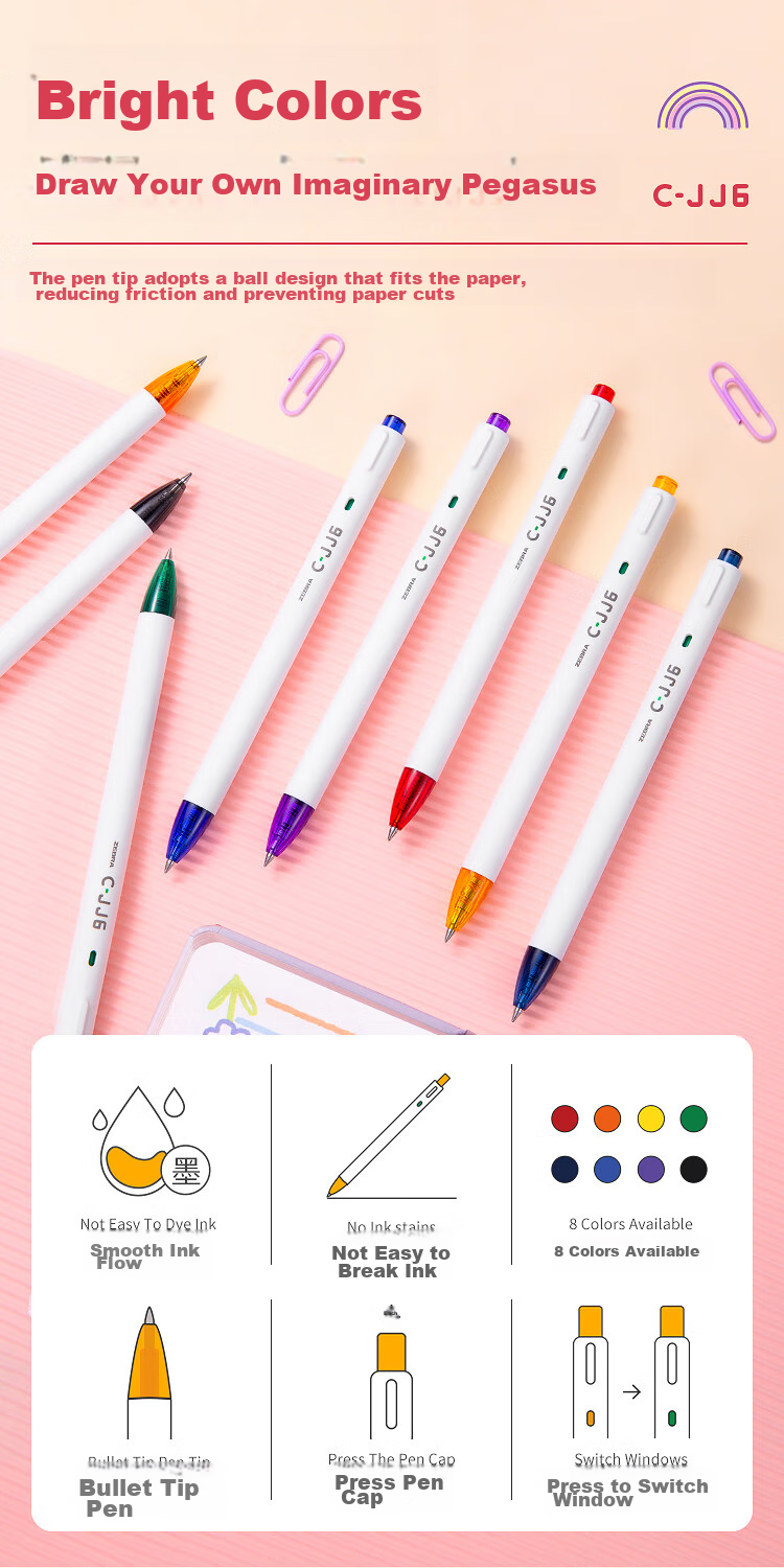 ZEBRA Rainbow Retractable Gel Pen, 0.5mm Bullet Tip Signing Pen, Colorful Student Drawing Marking Coloring Journal Pen Ink Pen C-JJ6 Blue-Black Single Pe