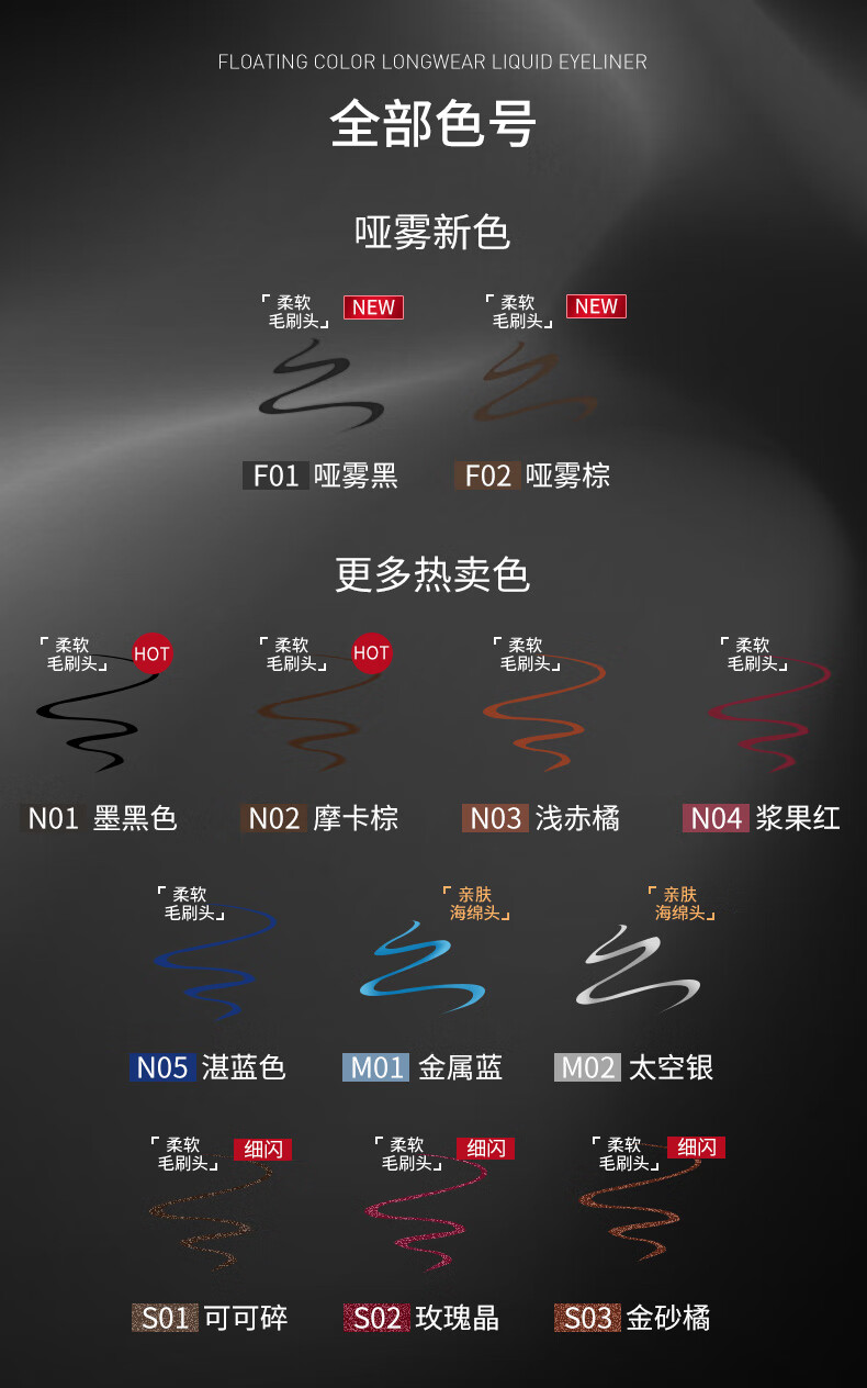 Color Key珂拉琪行云流彩眼线笔F01哑雾黑0.5ml小银管眼线不易晕染防水防汗