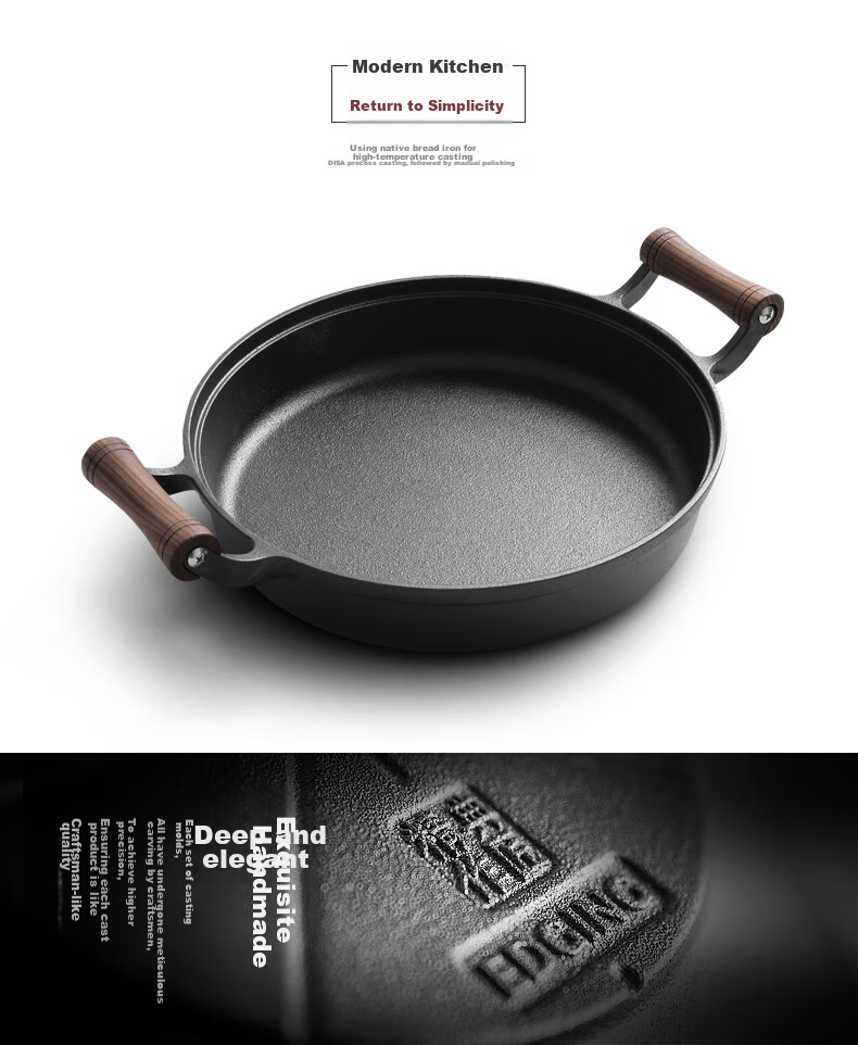 Чугунная сковорода Dianjiang с двумя ручками, плоским дном, для домашнего использования, традиционный железный вок, утолщенная сковорода для жарки блинов и стейков, 30 см