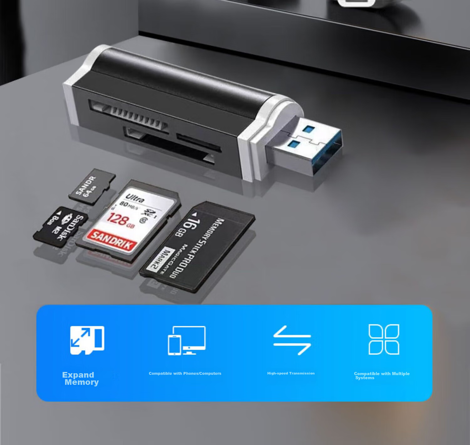LinkStone USB 2.0 картридер SD/TF/CF/XD/MS, алюминиевый корпус, черный
