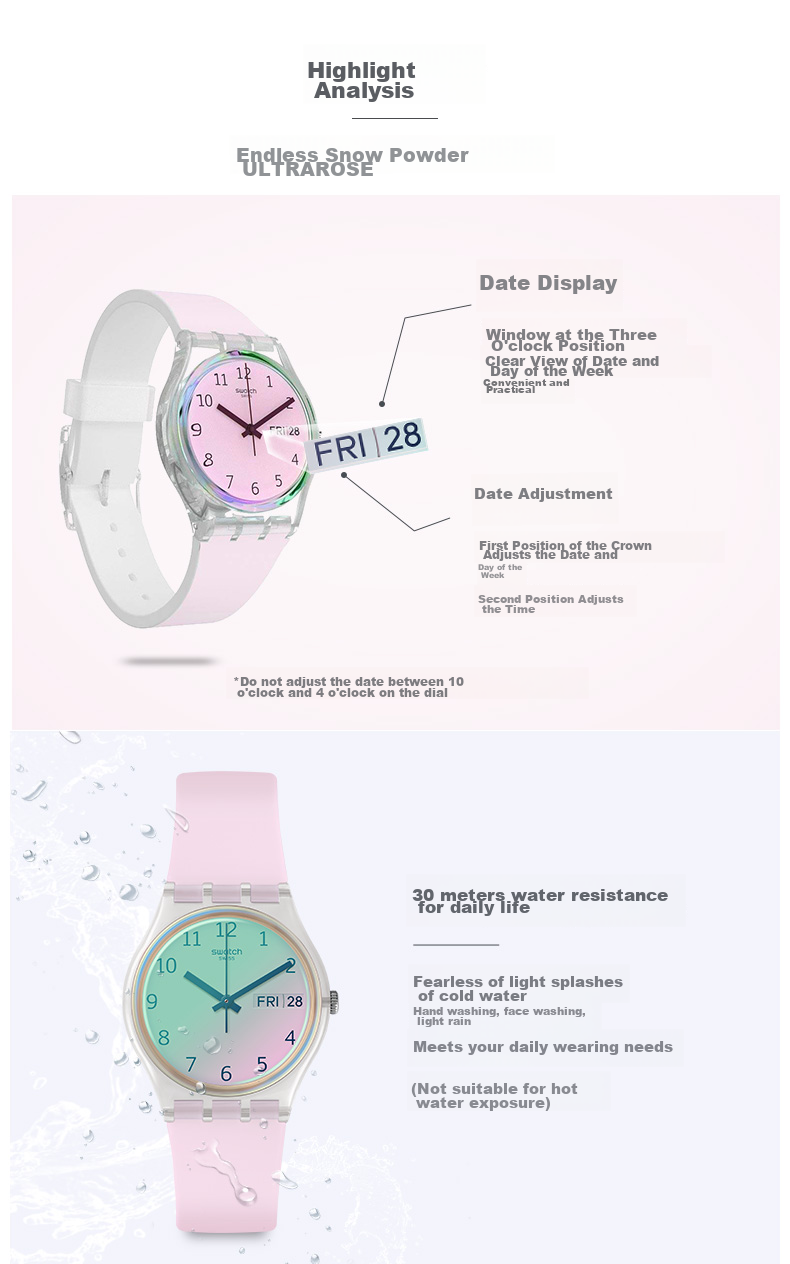 Swatch Swiss Watch, Endless Snow Pink, Dual Calendar Valentine's Day Gift, Middle And High School Exam Watch, Fashion Wristwatch GE714