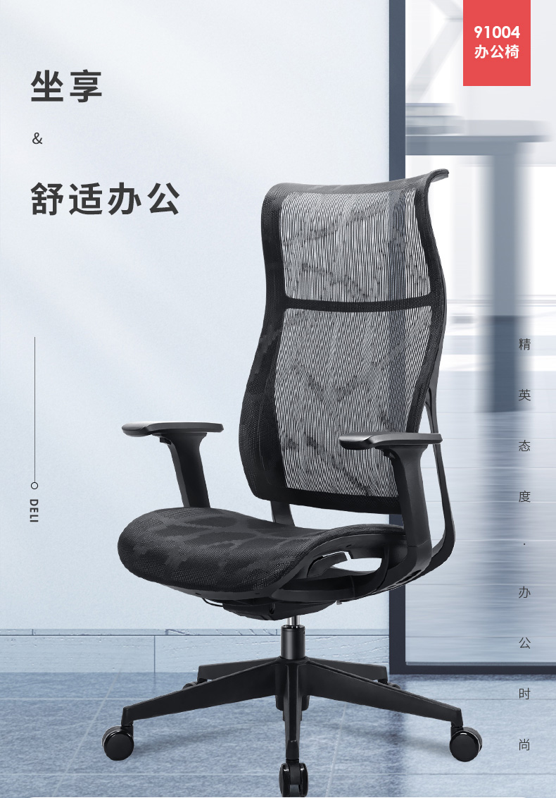 得力 deli 人体工学全网电脑椅  尼龙特网 四档线控调节 舒适可躺 居家办公椅 91004 黑色
