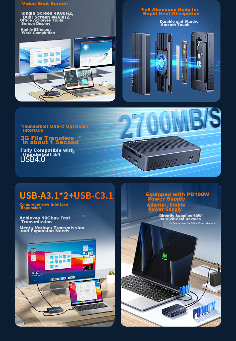 Acasis TBU405MAX USB 4.0 / Thunderbolt 3/4 M.2 NVMe SSD корпус, до 8 ТБ, 40 Гбит/с, 8K, док-станция с HDMI 2.0