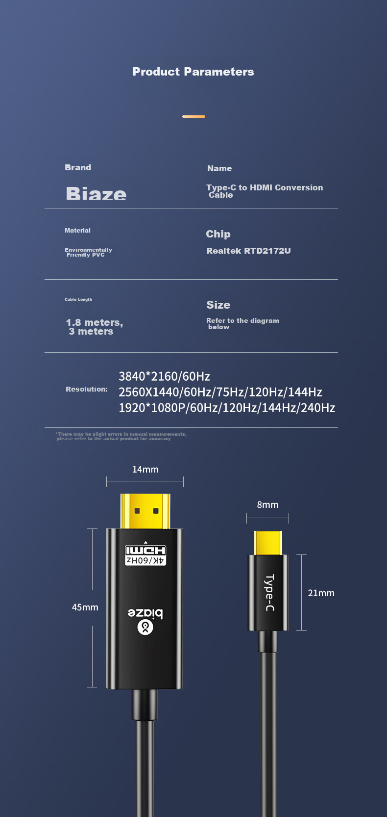 Кабель-адаптер BIAZE Type-C на HDMI, 1.8 м, 4K@60Hz