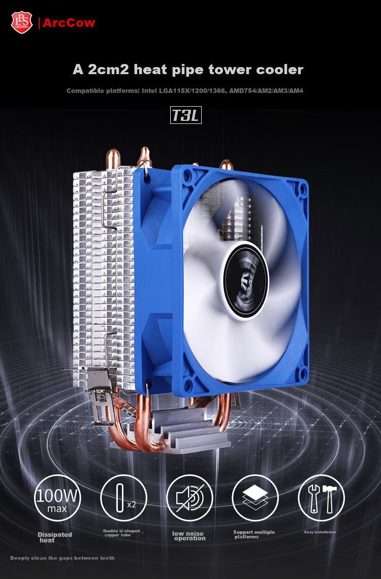 Кулер для процессора BUBALUS T3L, 2 тепловые трубки, совместимость с Intel/AMD, вентилятор 9 см, большой радиатор, воздушное охлаждение компьютера