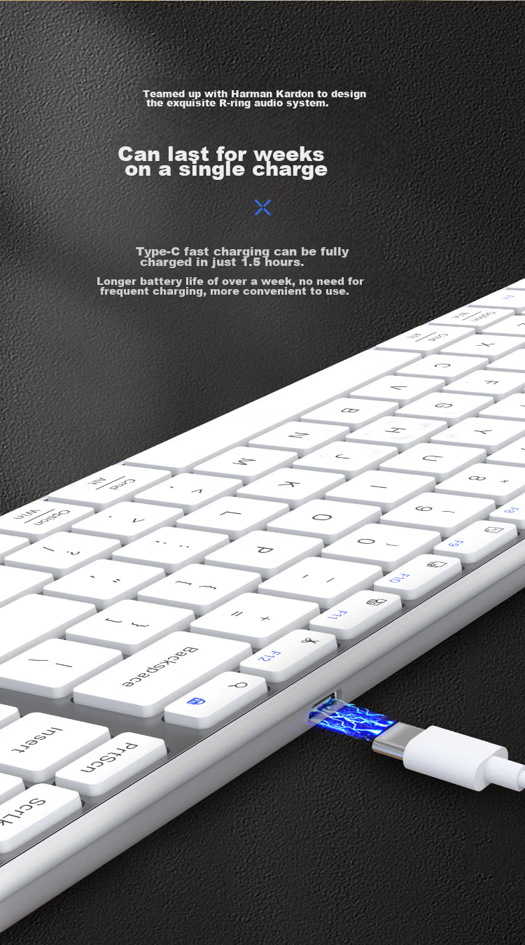 Беспроводная Bluetooth-клавиатура AUSDOM Sofkeys4, ультратонкая, металлическая, перезаряжаемая, 110 клавиш, белая