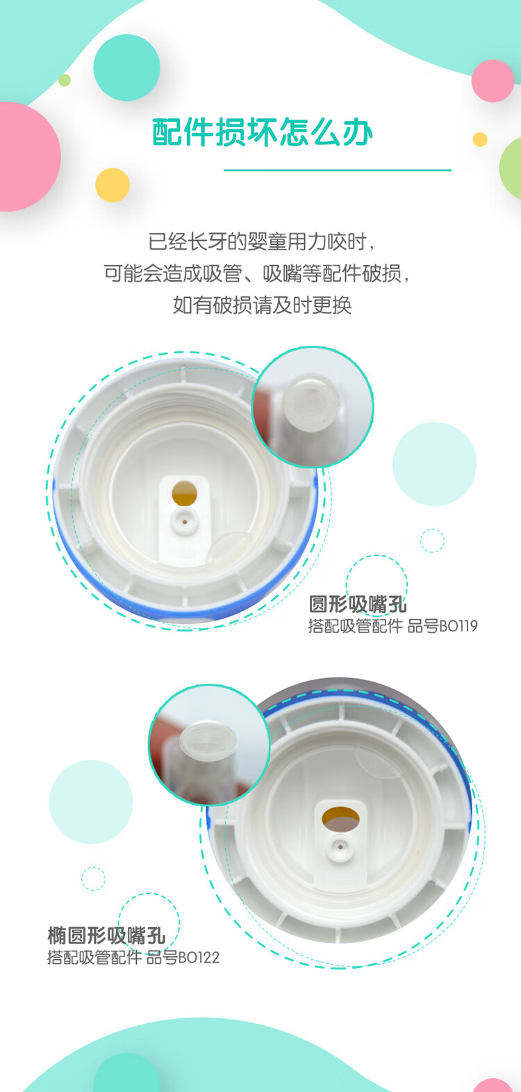 配件损坏怎么办已经长牙的婴童用力咬时,可能会造成吸管、吸嘴等配件破损,如有破损请及时更换园形吸嘴孔搭配吸管配件品号BO9椭圆形吸嘴孔搭配吸管配件品号B022-推好价 | 品质生活 精选好价