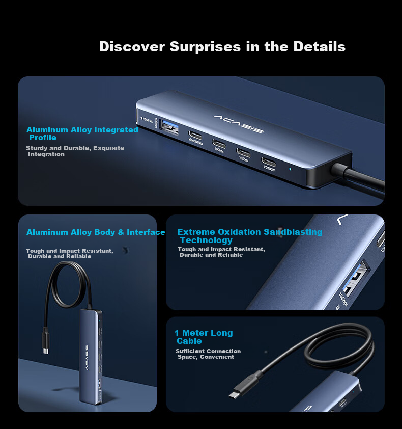 JD Адаптер-хаб Acasis HB-0101 Type-C, 6-в-1, USB-C, HDMI 4K@60Hz, 10Gbps, 100W PD, алюминиевый сплав, серебристый