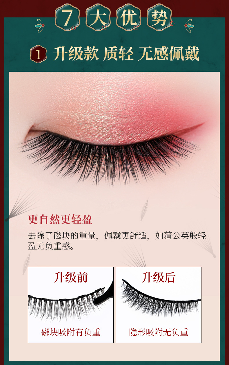 遇上佳人 免胶水磁力假睫毛6对 可重复使用含工具 自然仿真纤长卷翘磁性磁吸磁石假睫毛套装 磁性假睫毛