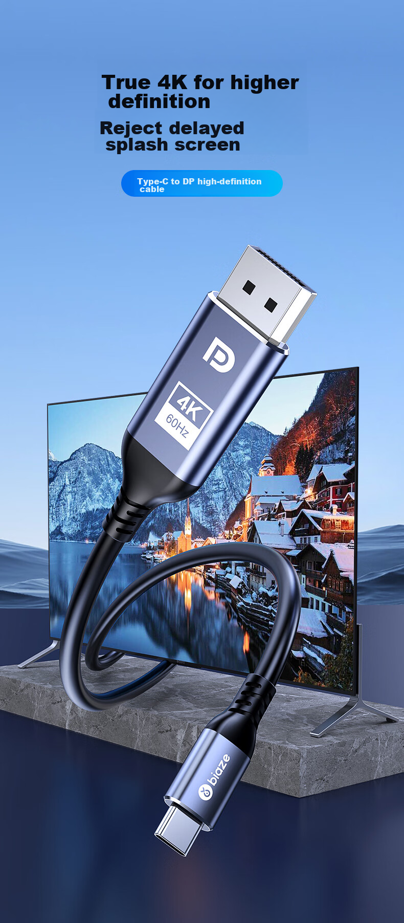 Переходник BIAZE Type-C на DP 1.2, кабель-адаптер 4K 60Hz, 165Hz, Thunderbolt 3, для ноутбука, внешний монитор, 240Hz, 1 метр