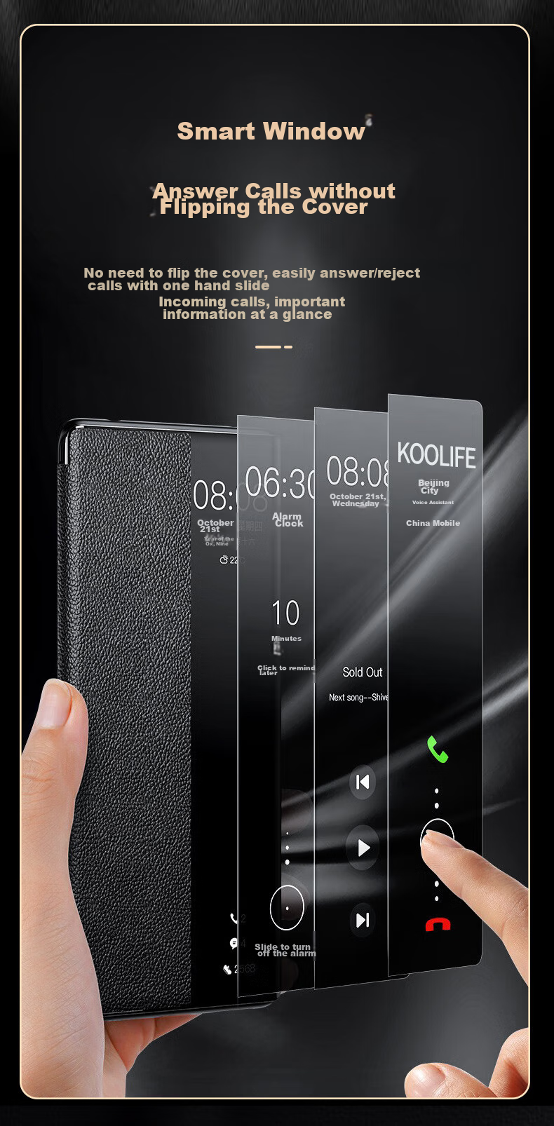 Чехол-книжка KOOLIFE из натуральной кожи для Huawei Mate60 Pro, с окном для просмотра уведомлений, противоударный, бизнес-стиль, черный
