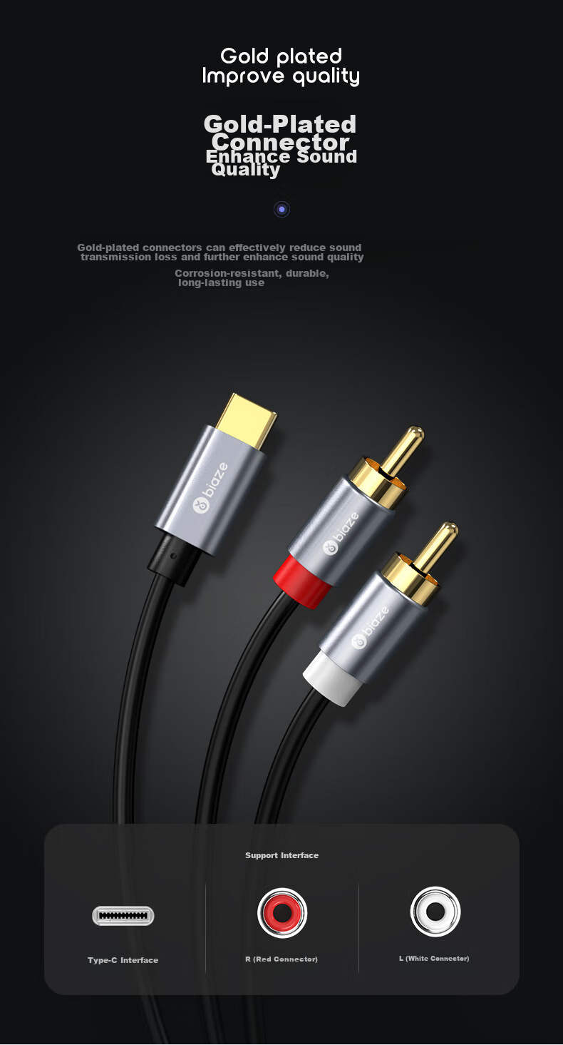 Кабель-адаптер BIAZE Type-C на 2 RCA, 1.5 м, аудио сплиттер для подключения телефонов, планшетов, компьютеров к колонкам, Y31