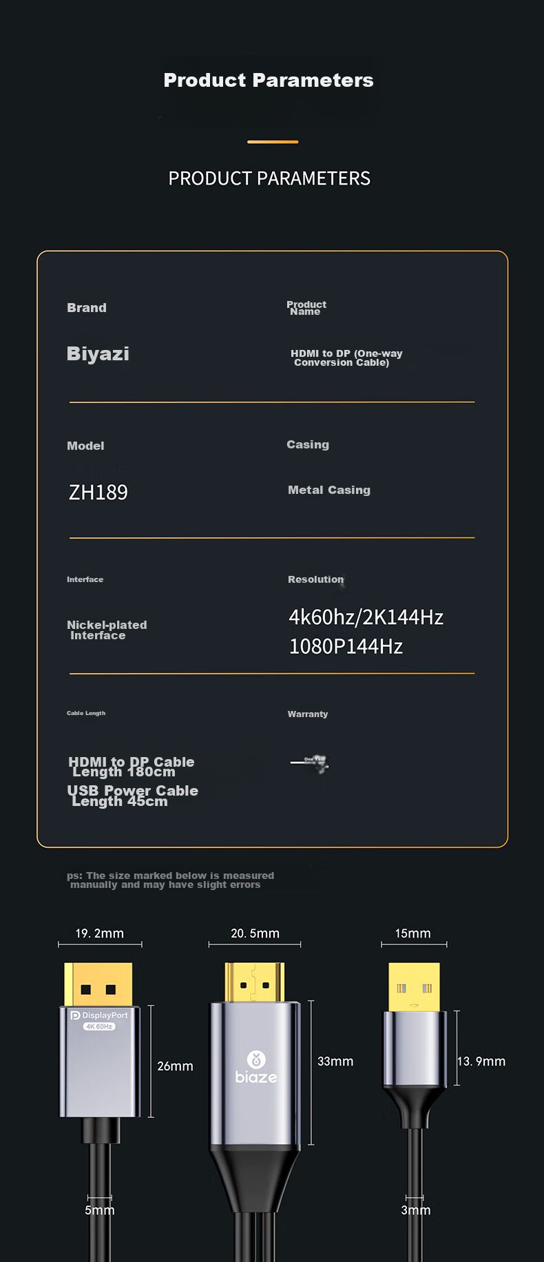 Кабель-адаптер BIAZE HDMI на DP, 1.8 метра, 4K/60Hz, Displayport Male на 4K HD видео конвертер, компьютер PS4 на монитор