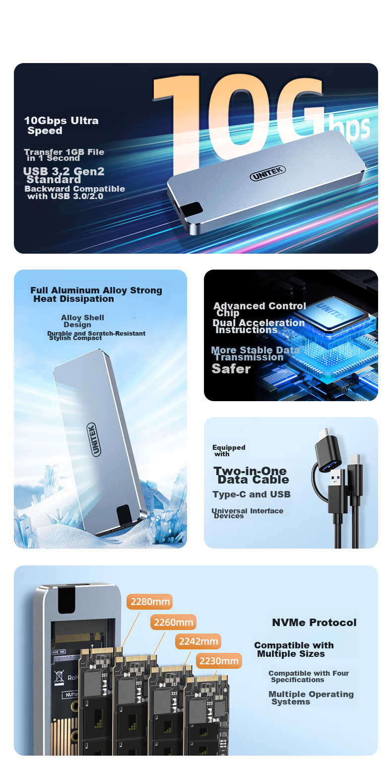 Внешний корпус UNITEK S238B для M.2 NVMe SSD, USB 3.2 Gen 2 Type-C, 10 Гбит/с, алюминиевый сплав, 102x33.8x9 мм, серый