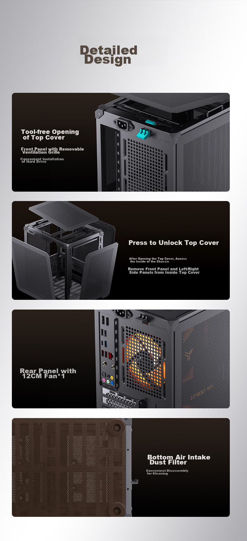 Корпус JONSBO C6 ITX Черный, Mini-ITX, ATX БП, 4 сетчатые панели, 3 вентилятора, Type-C