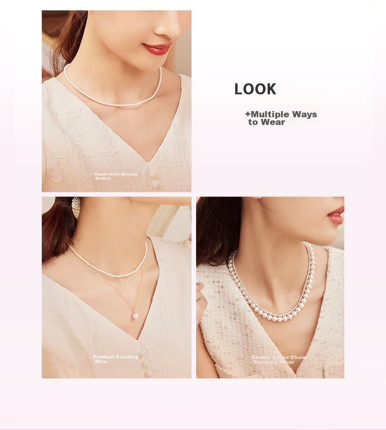 Жемчужное ожерелье PearlQueen S925 Silver, натуральный пресноводный жемчуг, 3-4 мм, мелкий рис, цепочка на ключицу, подарок на День святого Валентина для мамы