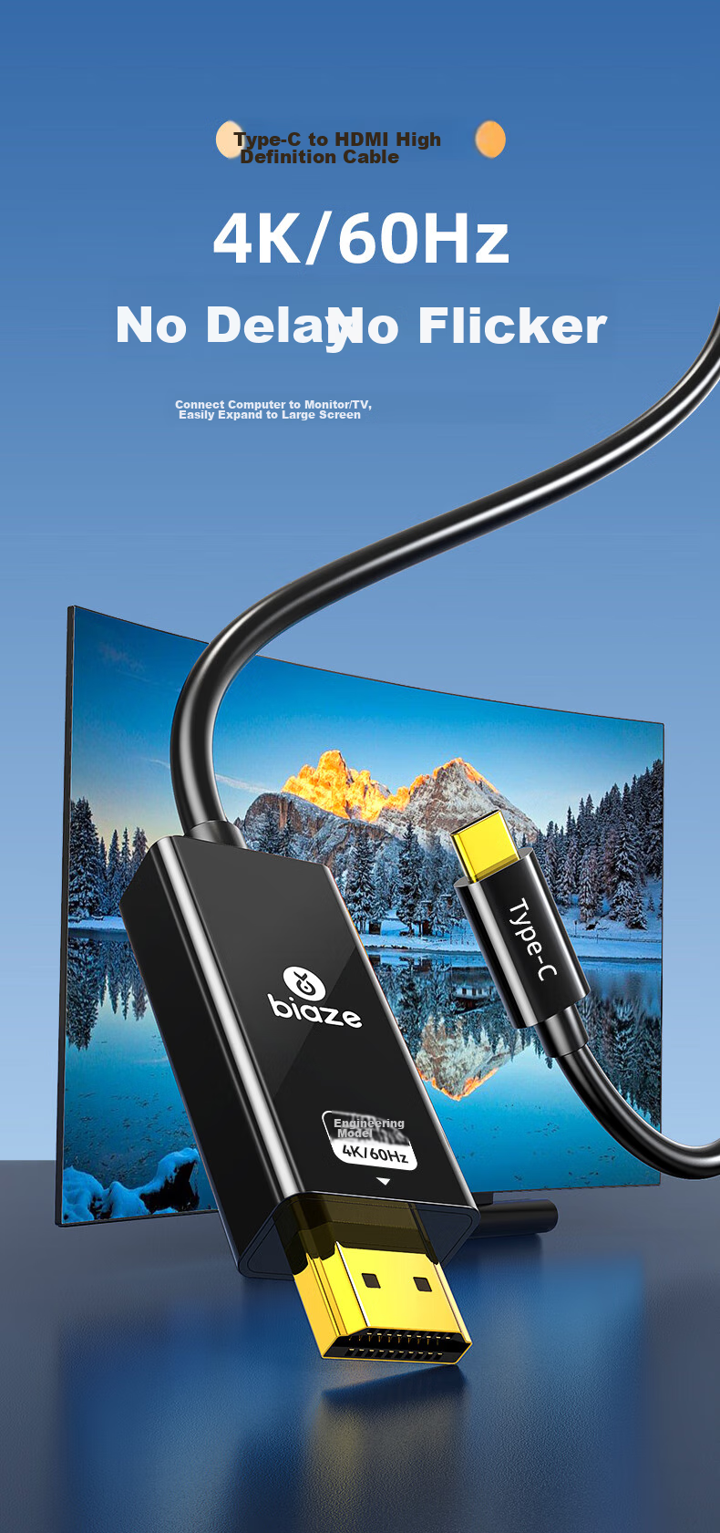 Кабель-адаптер BIAZE Type-C на HDMI, 1.8 м, 4K@60Hz