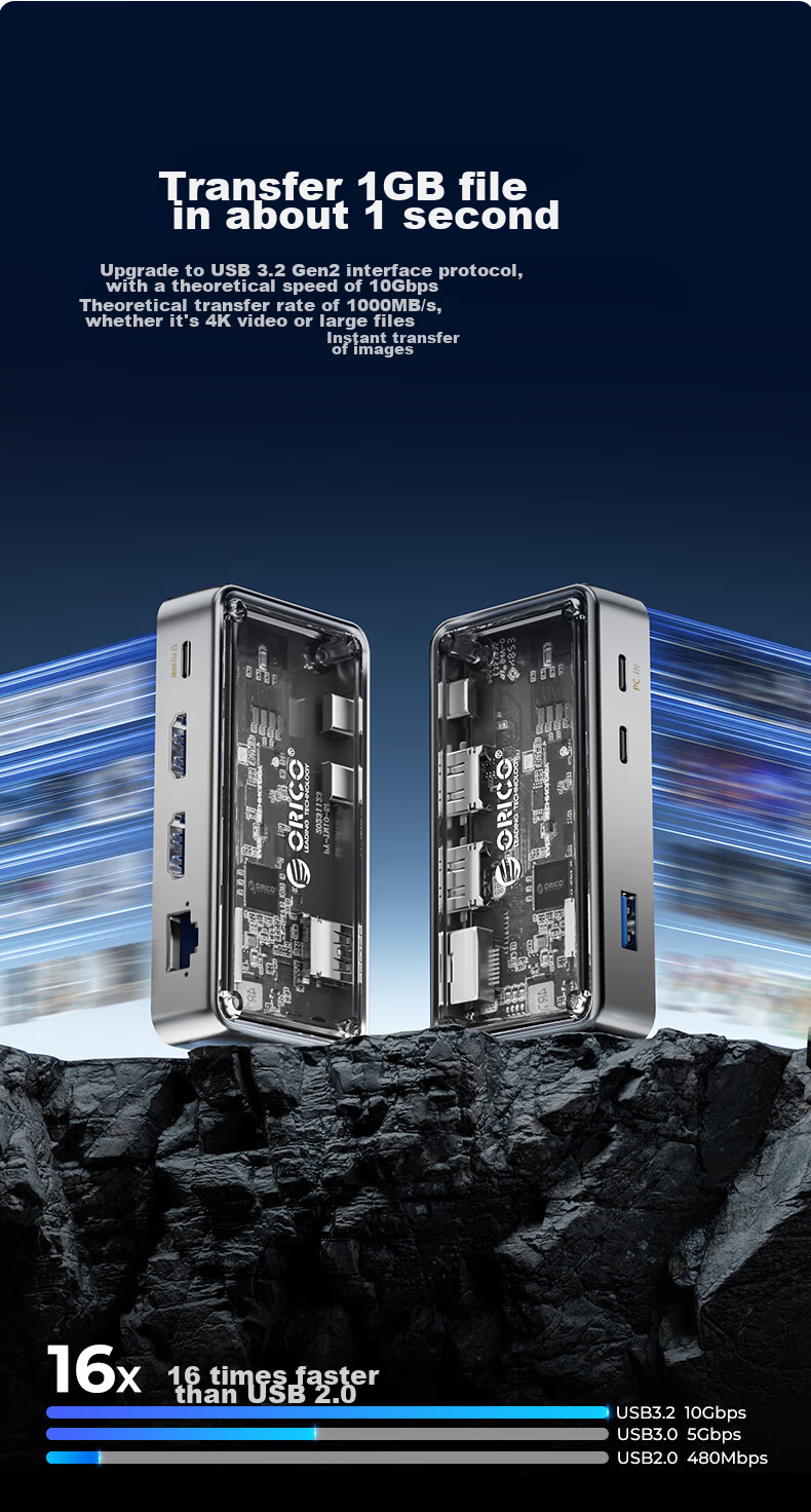 Многофункциональный USB-C хаб ORICO TM10-7P, 7-в-1, HDMI 4K@60Hz, 2.5G Ethernet, PD 100W, USB 10Gbps, аудиоразъем 3.5мм, алюминиевый сплав, серый
