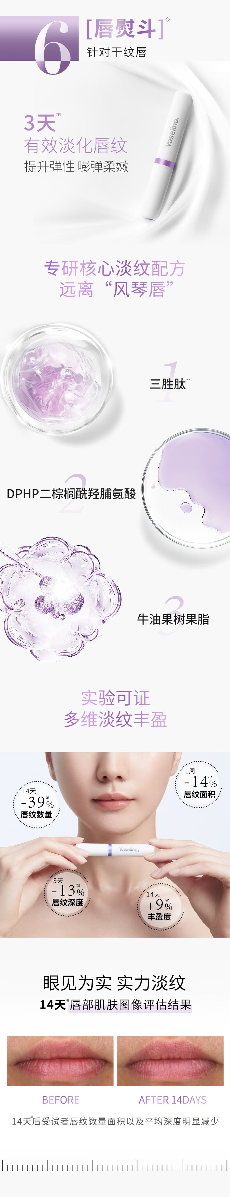 凡士林数字唇膏 6号淡纹弹润润唇膏1.8g 补水保湿打底淡化唇纹唇膜精华