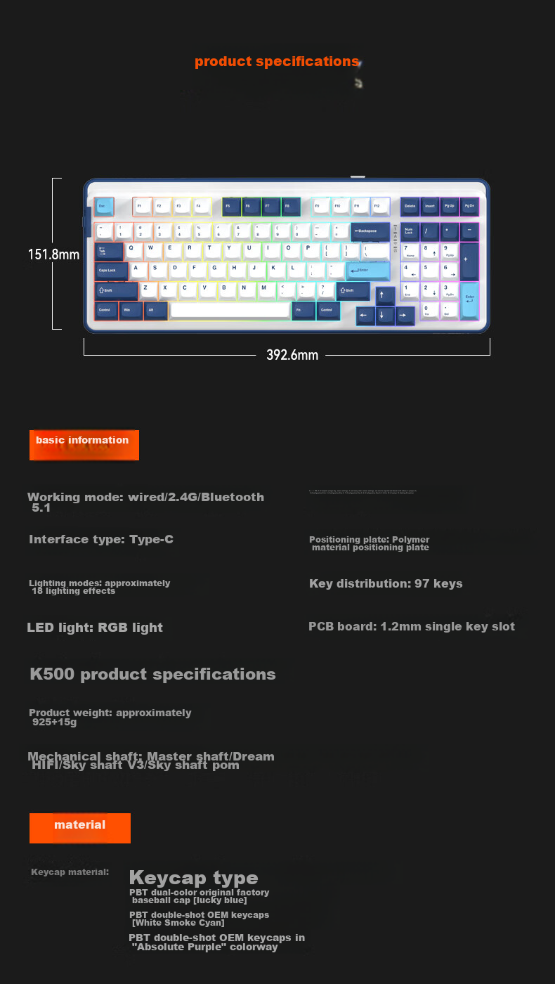 Механическая клавиатура DAREU A98 Professional Edition, 98 клавиш, беспроводная, RGB, белый дым синий