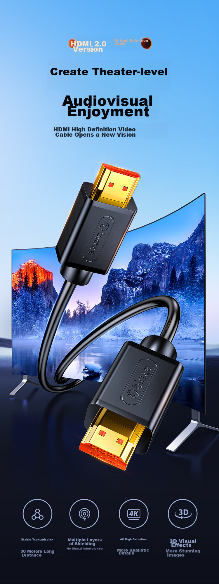 Кабель BIAZE HDMI версии 2.0, 3 метра, Ultra HD 4K, 3D, для передачи данных, для проектора, приставки, компьютера на телевизор