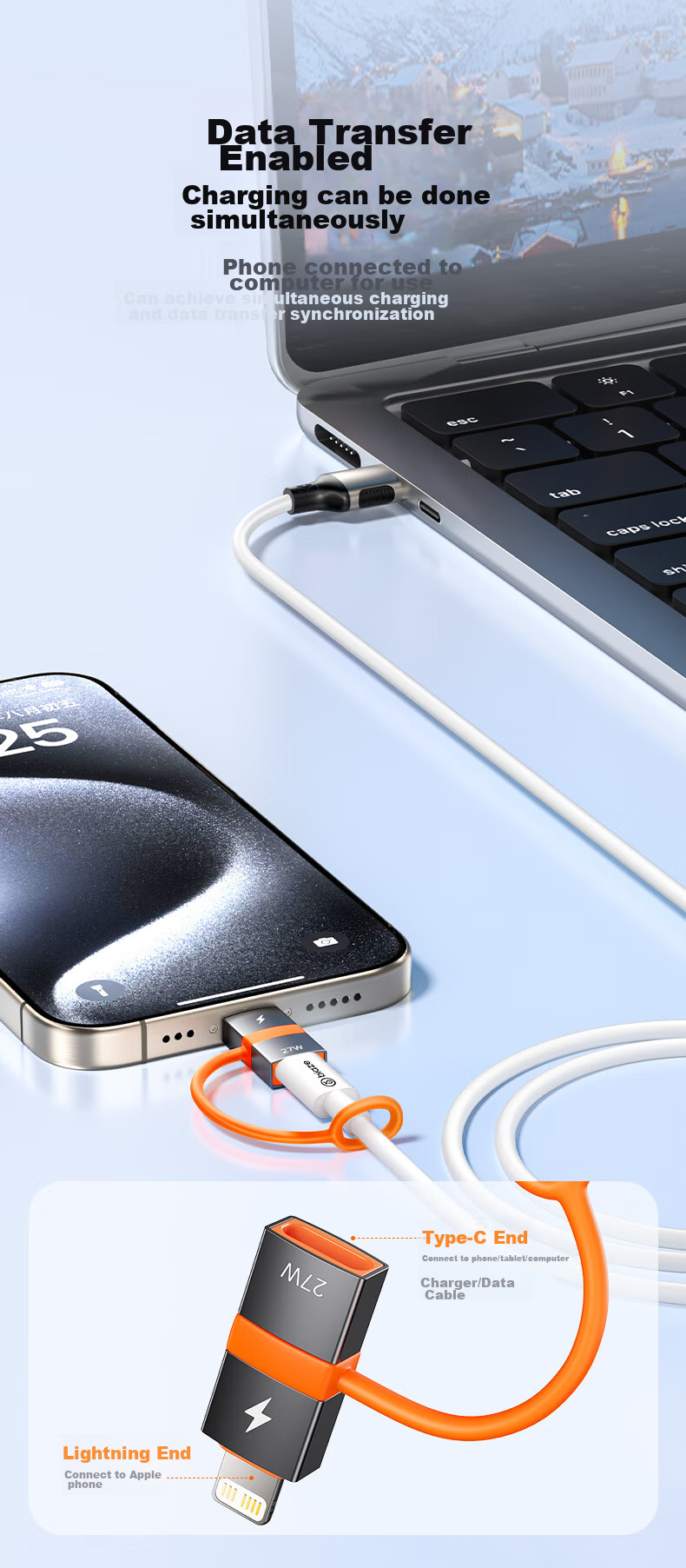 BIAZE Переходник Type-C на Lightning 27W, кабель для зарядки и передачи данных, для iPhone 14/SE/12/XR/8/7/6s