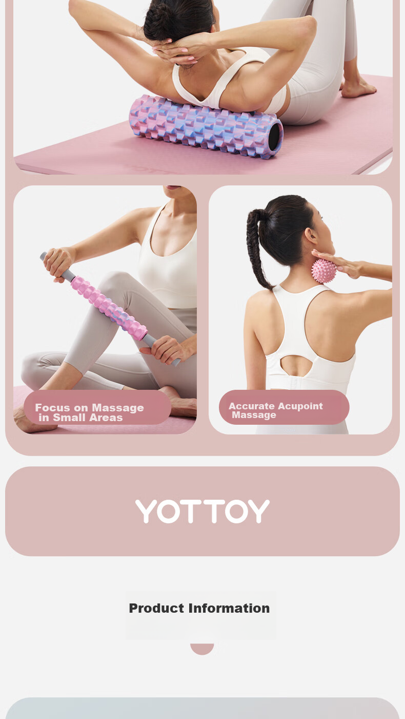 Набор для фитнеса Yottoy: массажный ролик, палка и мяч. Материал EVA. Для расслабления мышц, йоги и фитнеса.