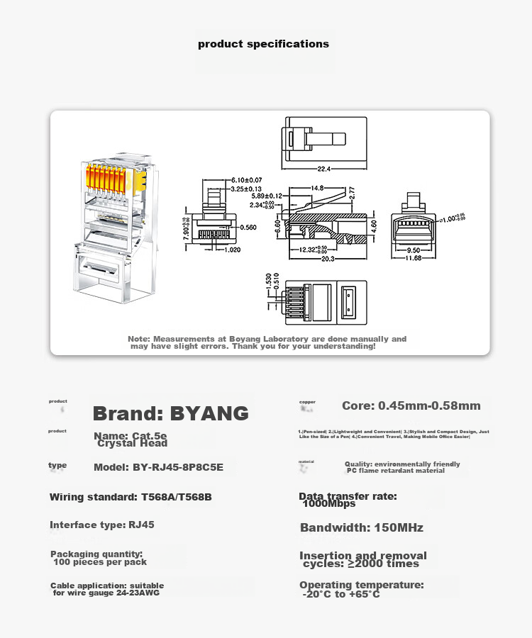 Коннектор RJ45 BOYANG Cat5e, 100 шт. в упаковке, экранированный, позолоченный