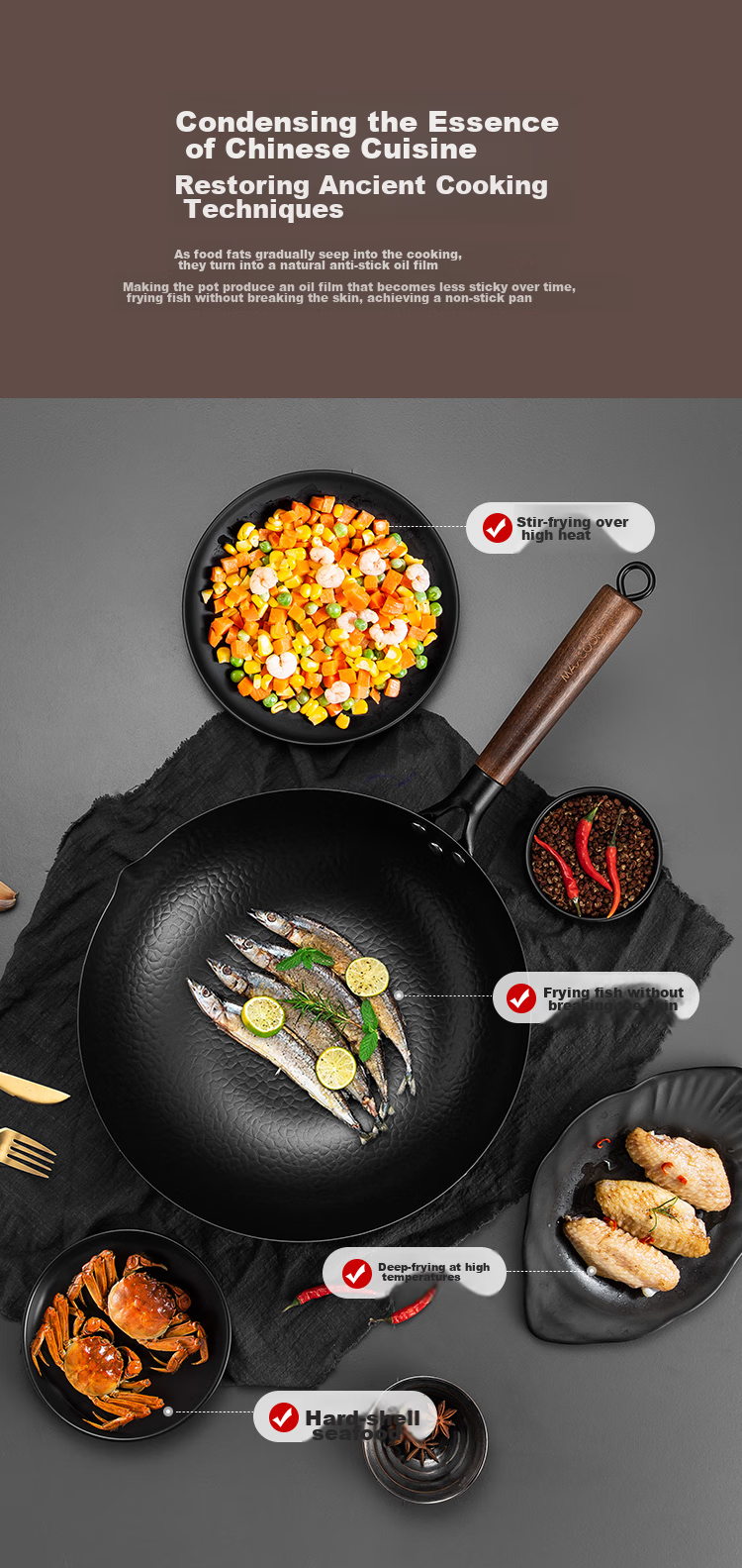 Чугунная сковорода-вок MAXCOOK, 32 см, с узором "рыбья чешуя", подходит для газовых и индукционных плит, без покрытия MCC9977