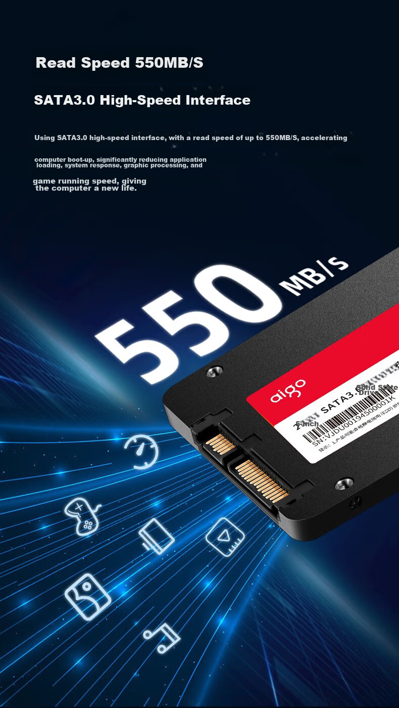 SSD накопитель Aigo S500, 512 ГБ, SATA III, 2.5 дюйма