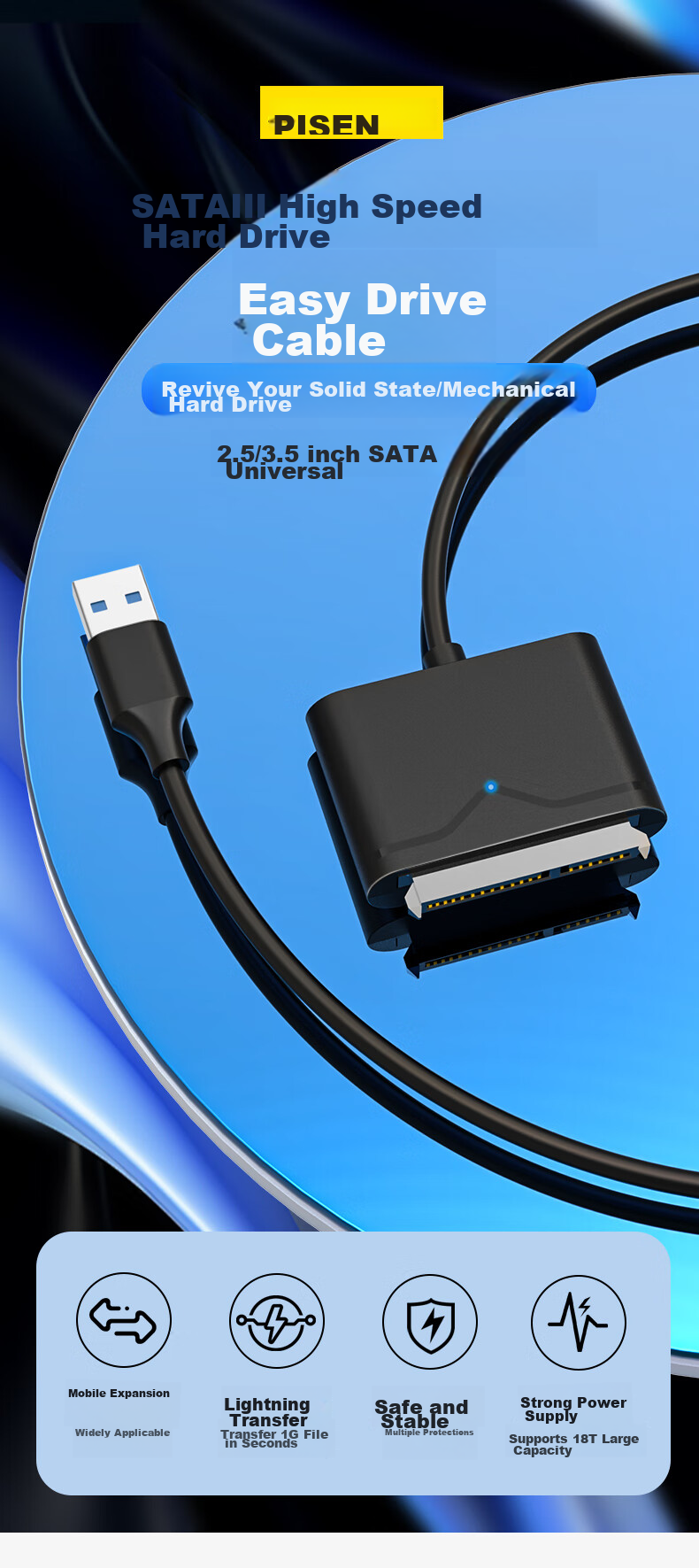 Переходник PISEN USB 3.0 на SATA, кабель для жесткого диска 2.5/3.5 дюйма, 0.5 метра