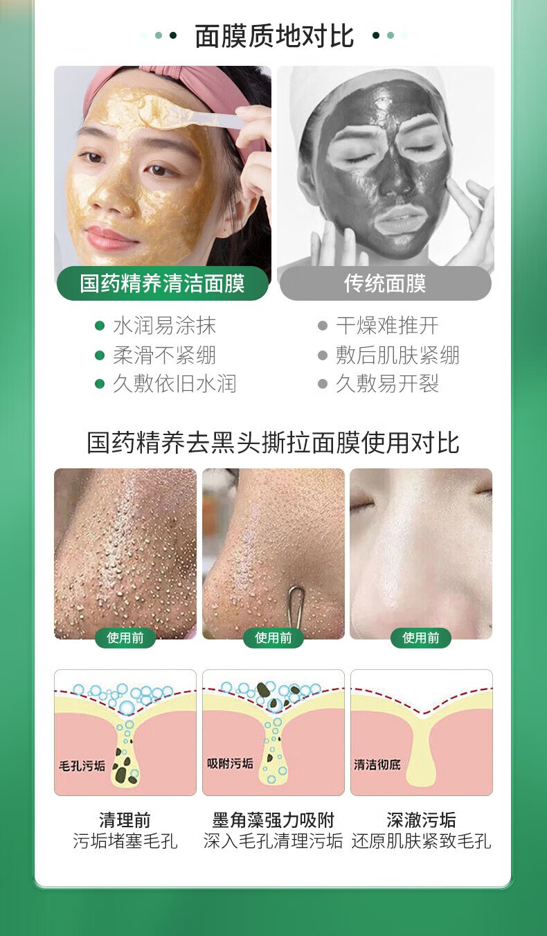 国药精养去黑头撕拉面膜去吸鼻贴男女士通用收缩毛孔深层清洁祛粉刺100g