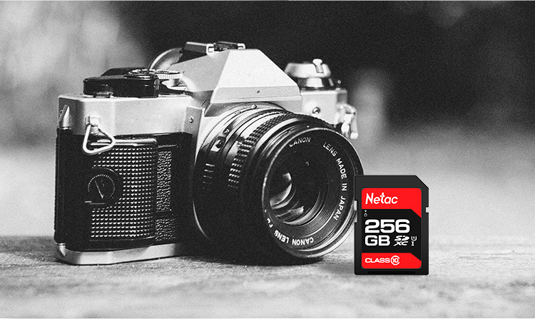 Карта памяти Netac 256GB SD U1 C10, скорость чтения до 90 МБ/с, для фото- и видеосъемки в Full HD, для цифровых камер и видеокамер