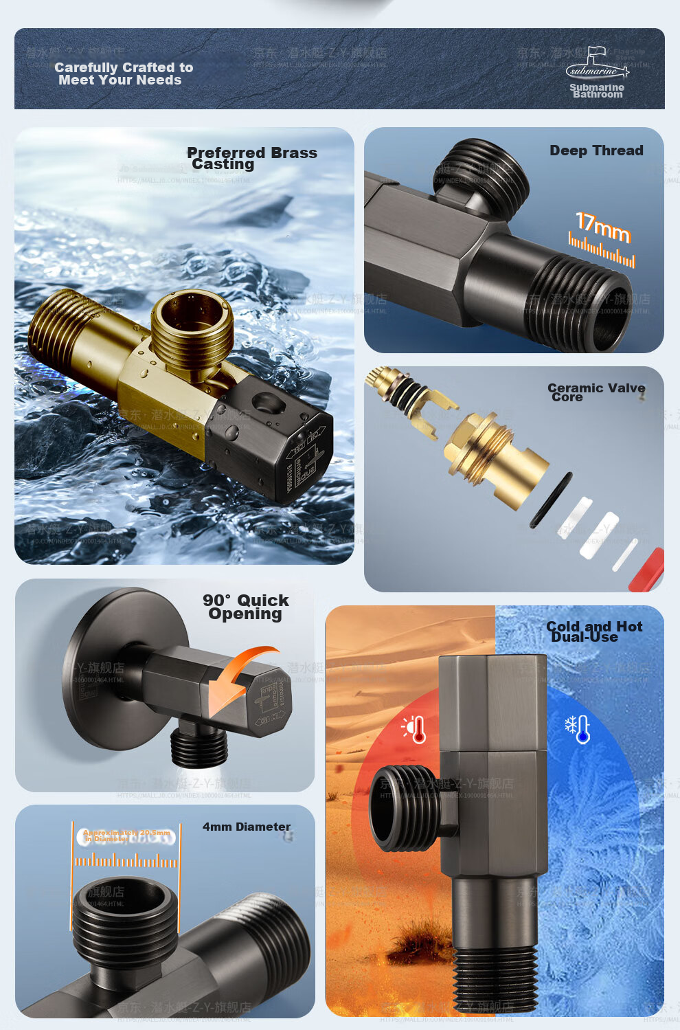 Смеситель Submarine QHF005, универсальный, для холодной и горячей воды, с четырьмя выходами, усиленный латунный корпус, керамический картридж, цвет оружейный серый