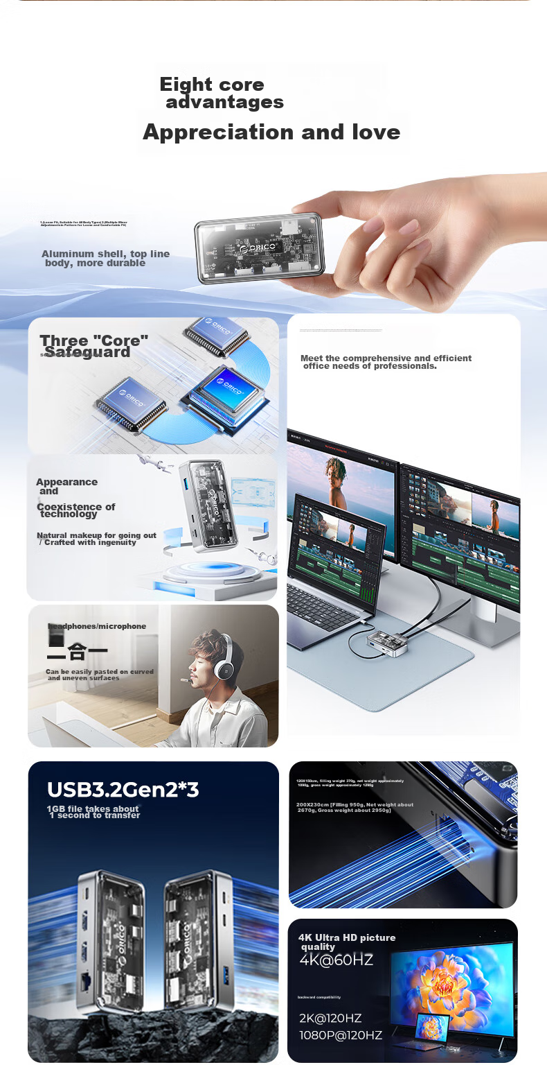 Многофункциональный USB-C хаб ORICO TM10-7P, 7-в-1, HDMI 4K@60Hz, 2.5G Ethernet, PD 100W, USB 10Gbps, аудиоразъем 3.5мм, алюминиевый сплав, серый