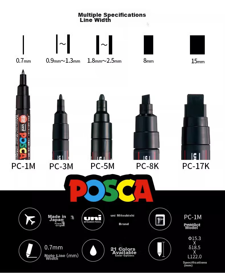 Акриловый маркер Uni Mitsubishi POSCA (ультратонкий), кораллово-розовый, наконечник-кисть PC-1M, для постеров, рекламы, рисования, граффити, акварельный, арт-образование