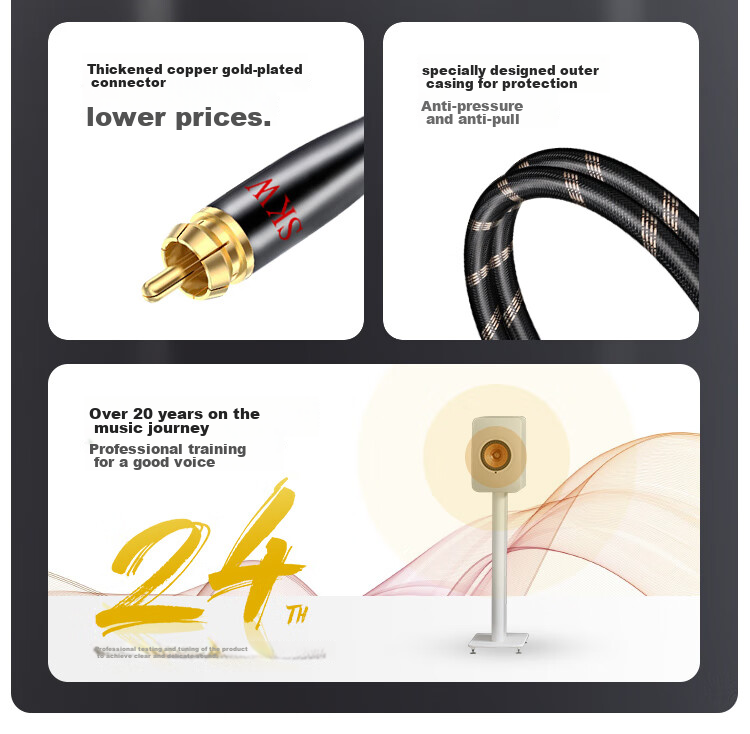 Аудиокабель SKW BG04 2RCA - 2RCA, 0.5 метра, посеребренный медный проводник 6N OCC, экранированный, для подключения CD-плеера, декодера, усилителя
